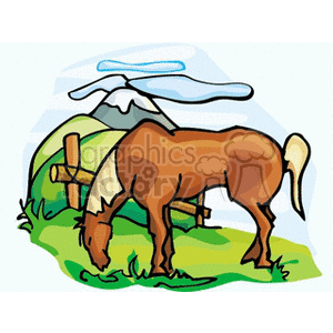 The clipart image depicts a brown horse with a white tail grazing in a green field. In the background, there is a portion of a fence indicating a pasture or farmland setting. Behind the field are the outlines of hills or mountains, and above them, a few clouds suggest a clear sky.