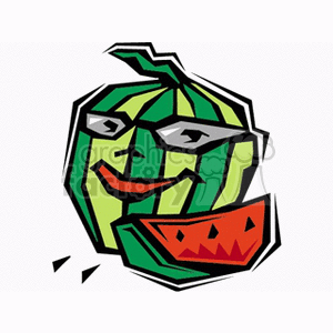 The image shows a stylized, anthropomorphic watermelon with sunglasses and a smiling face. The watermelon appears to have a slice cut out of it, revealing the red flesh inside with black seeds, designed to look like a grinning mouth.