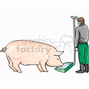The clipart image depicts a pig standing next to a farmer who is operating a manual water pump to fill a trough or container with water for the pig to drink. The farmer is dressed in green trousers and a brown jacket, and is wearing a hat. The water pump is of an old-fashioned design, suggesting a more traditional farming scene.