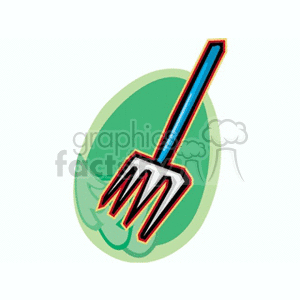 The image is a stylized clipart depicting a pitchfork with a green and blue handle against a green circular background. The pitchfork has red tines outlined in orange, giving it a bold and colorful appearance.