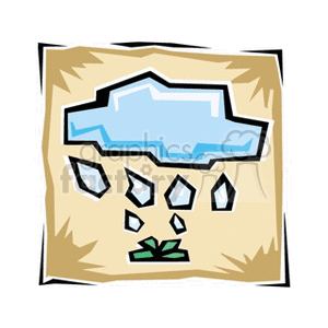 The image is a stylized clipart that depicts a simple blue cloud with raindrops falling from it towards what appears to be plant leaves protruding from the ground, indicating a gardening or agriculture scene with rainwater nurturing the plants.