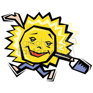 The image is a stylized cartoon of a smiling sun, depicted with human-like features, such as a happy face and arms. The sun is holding what appears to be a farming tool, possibly suggesting a connection to agriculture. The sun's rays extend outward, creating a vibrant and dynamic feel. The character is wearing overalls, which reinforces the agricultural theme.