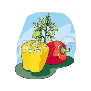 The clipart image depicts two bell peppers - one red and one yellow - placed on a surface with a blue background that may suggest sky. The yellow pepper has a stem with leaves growing from its top, indicating freshness and natural growth.