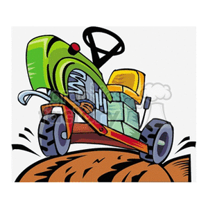 This clipart image depicts a colorful cartoon-style tractor. It appears to be a three-wheeled tractor, often associated with farming and agriculture, shown actively tilling the ground, with soil being turned over as it moves. The tractor is primarily in hues of green and yellow, suggesting it might be used for garden or farm work.