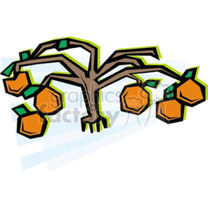 The image depicts a stylized clipart of an orange tree with several branches. There are multiple ripe oranges hanging from the branches, set against a simple background that does not provide much context. The tree has a cartoonish appearance with bold outlines and bright colors.
