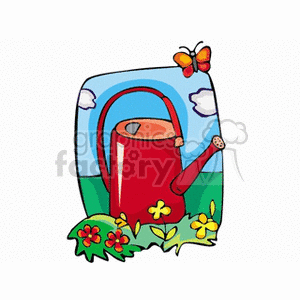 In this clipart image, there is a red watering can placed in the center, surrounded by green foliage and a few flowers with yellow and red blooms at the bottom. Above the watering can, there is a butterfly with orange and black wing patterns. In the background, there appears to be a blue sky with two white clouds, and the scene gives the impression of a sunny day in a garden or agricultural field.