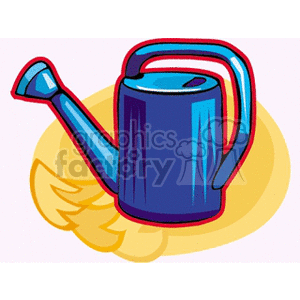 The clipart image shows a blue watering can with a red handle, designed for watering plants. It is depicted in a cartoonish style with a yellow and red gradient in the background which could represent the sun or light.