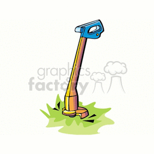 The image is a clipart illustration of a weed trimmer, also known as a weed whacker, shown amidst some cut grass. The device appears to be a string trimmer, which is a common garden tool used for trimming weeds and edging lawns in landscaping.