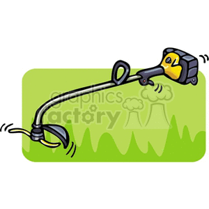 The clipart image depicts a weed trimmer, also commonly referred to as a weedwhacker, in use over a grassy area. The weed trimmer is portrayed in motion, suggesting it is actively trimming the grass or weeds.