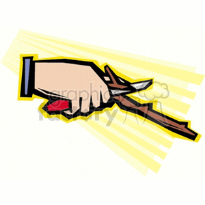 The image is a simplified, stylized clipart that depicts a hand holding a knife and carving a wooden stick or branch. The motion lines around the knife suggest the action of whittling or carving.