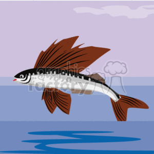 The clipart image shows a cartoon of a silver and brown fish jumping out of water. The fins are very large, and the fish itself is a silver color. The water below it is blue with ripples in