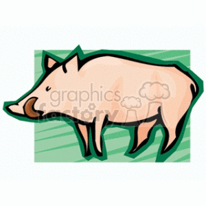 The clipart image shows a stylized pink pig. The pig has a simple, cartoonish design with clear outlines, and it appears to be standing on a green-striped background which could suggest farmland or a farm setting.