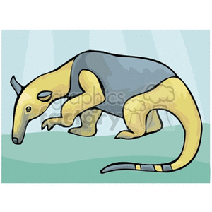 The image is a cartoon clipart of a yellow and black tamandua, which is a species of anteater. It features the animal in a side profile with a prominent snout, curved back, and a distinctive black and yellow coloring. A striped tail is visible, characteristic of a tamandua.