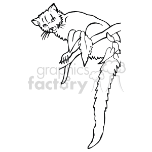 The clipart image you've provided displays a lemur, which is a type of primate often found in Madagascar. Note that lemurs are not monkeys; they belong to a separate group of primates known as prosimians. This lemur is depicted in a black and white illustration, perched on a branch with its tail hanging down.