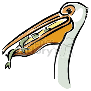 This clipart image features a stylized pelican with a large, open bill in which a fish is visible, suggesting that the bird is in the process of eating.