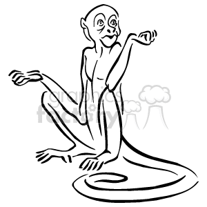 The clipart image depicts a line drawing of a monkey sitting on what appears to be the ground, with its tail curling behind it. The monkey is shown with one arm extended outward, perhaps reaching for something or in a gesturing pose. Its other arm is resting by its side, and both its legs are bent at the knees. The style of this image suggests it could be used for educational materials, decorative purposes, or graphical elements in various media.