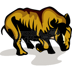This is a stylized clipart image of a rhinoceros. The rhino appears to be depicted in a simplistic manner with bold outlines and limited colors, mainly shades of yellow and brown. The animal stands on four legs and possesses the distinctive horn characteristic of rhinoceroses.