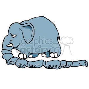 The clipart image features a stylized elephant with an exaggeratedly long trunk. The elephant appears to be in a reclining position on its stomach, with its trunk resting in front of it in coiled sections.