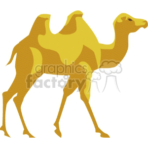 The image depicts a stylized illustration of a camel. It has two prominent humps, indicating that it is a Bactrian camel, typically found in Central Asia rather than Africa, which is more commonly associated with the single-humped dromedary camel. There is no background detail to suggest a desert environment in the image; however, camels are often associated with desert habitats.
