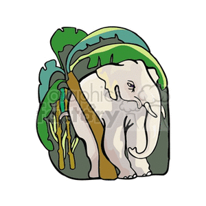 The clipart image features an elephant, which appears to be a stylized representation of an African elephant given its large ears and tusks. The elephant is set against a backdrop of greenery that suggests a forest or jungle environment.