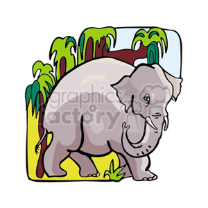 The clipart image depicts a single elephant with a stylized illustration. The background features green foliage, indicating a forest-like setting. The elephant appears to be a generic representation without clear features to distinctively classify it as African or Asian.