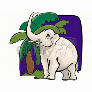 The clipart image features an elephant, which appears to be an African elephant due to its large ears that resemble the shape of the African continent. The elephant is drawn with a reaching trunk upwards towards the foliage of green palm leaves. The surroundings imply a natural habitat with a purple and white backdrop that may symbolize the sky or simply a stylized artistic choice.