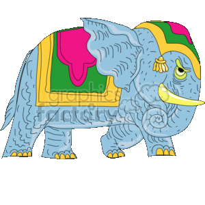 The clipart image shows a cartoon elephant facing the viewer, standing on all four legs with its trunk rolled up and ears pushed back. It has brightly colored head cover and sheet on its back, with pink green and yellow.
