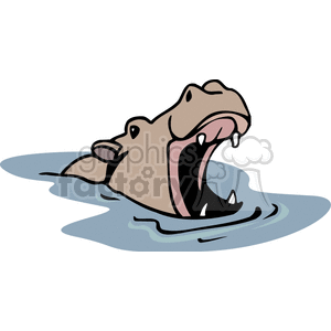The image is a clipart illustration of a hippopotamus emerging from the water with its mouth wide open. The hippo appears to be either yawning or displaying its mouth, which is a common behavior of hippos to show domination or to cool down. The image depicts the hippo partly submerged in water, highlighting only its head and open mouth, with the ripples of the water around it, indicating its presence in a river or water body.