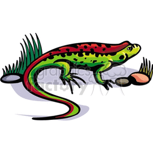 The image is a cartoon-style clipart depiction of a colorful lizard-like creature. It has a vivid green body with red spots, a yellow underbelly, and a long, striped tail. The creature is portrayed in a dynamic pose as if in mid-motion, with its legs extended and positioned among stylized blades of grass. A small pebble or rock is visible in the foreground.