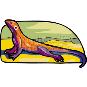 The image depicts a colorful, stylized lizard-like creature, which could resemble a skink, a salamander, or a generic lizard, against a simplified background with green and yellow stripes, suggesting a natural environment. 