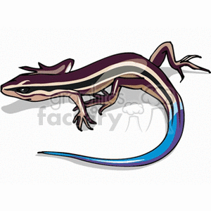 This clipart image shows a stylized representation of a lizard, specifically a blue-tailed skink. It has prominent stripes along its body and a distinct blue tail.
