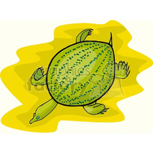 The image is a stylized clipart of a sea turtle. It features a top-down view of a sea turtle with a green shell that is decorated with a pattern of dots. The turtle has four flippers and an extended snout, which is characteristic of some sea turtle species. The turtle is depicted against a yellow, wavy background, which may suggest its marine habitat.