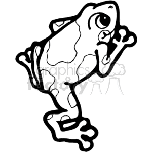 The image is a black and white line art clipart of a frog. It appears to be a stylized representation, possibly a tree frog, given the shape of the feet which are adapted for climbing. The frog is depicted in a climbing pose, clinging to an unseen tree or surface.