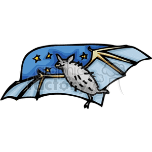 The clipart image depicts a cartoon bat in flight with a stylized night sky in the background, complete with stars. The bat has its wings spread wide open, and we can see the details of its wing structure with yellow accents, as well as its grayish fur and small ears.