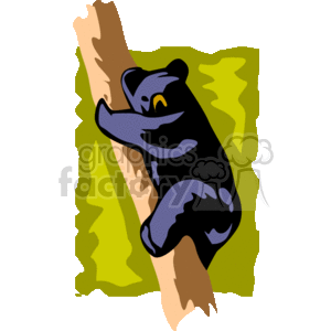 The clipart image depicts a stylized bear cub climbing a tree. The bear is black in color and is shown gripping the tree trunk, with its face turned slightly towards the viewer. The background consists of what seems to be a simplified representation of a forest with greenery, suggesting the bear is in a natural, wooded environment.