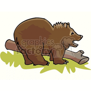The image shows a cartoon of a single brown bear. The bear appears to be walking on all fours and is positioned over what looks like a log. The background is simplistic with a suggestion of grass in green color.