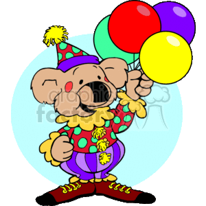 The image is a colorful clipart depicting a bear dressed as a clown. The bear is holding a bunch of balloons and is wearing a party hat, a polka-dotted clown outfit with pom-poms, and clown shoes. The bear appears to be smiling or laughing.