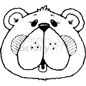 The image is a line art drawing of a cute country-style teddy bear. It has a round face with prominent features, including large, fluffy ears, small eyes with a hint of a sparkle, a cute nose, and a little mouth that appears to be stitched, giving it a friendly stuffed animal appearance. There are also stitch-like accents on the nose and the inside of the ears. The teddy bear has a simple, endearing look typical of a classic plush toy.