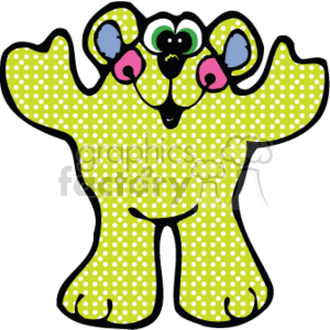 The image is a clipart of a cute, stylized bear. The bear is yellow with a pattern of green lime polka dots, suggesting a playful and whimsical country style. It has a friendly face, large ears with colorful insides, and an outlined black cartoonish appearance. The bear appears to be standing with its arms outstretched as if ready for a hug. Its simplicity and silly design make it especially appealing for things like children's decorations, invitations, or creative projects.