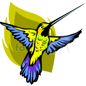 The clipart image shows a vividly colored hummingbird in what appears to be mid-flight. The bird has shades of yellow on its belly, transitioning into green on its back and head, with blue and purple highlighted feathers at the tips of its wings and tail. The hummingbird's long, slender bill is pointed forward, and its wings are spread out to the sides.