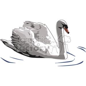 The clipart image depicts a white swan on a pond. The swan is illustrated in a realistic style, showcasing its elegance and beauty. You can see the detailed feathers, a long neck, and the characteristic orange beak with a black tip. The swan is floating gently on the water, which is represented by simple blue lines suggesting ripples around the bird.