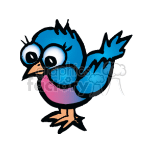 The image is a colorful clipart of a bird. The bird has blue feathers, with a notable pink area around its belly. It has large eyes, giving it a surprised or comical expression, and it is standing on its two feet. The bird also has a yellow beak and appears to be depicted in a slightly cartoonish style.