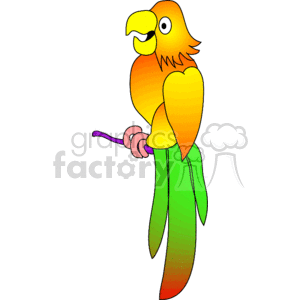 The clipart image features a colorful bird, which is stylized to resemble a parrot or macaw. Its plumage has vibrant shades of orange, yellow, and green. The bird is perched on a small branch or rod, holding onto it with one of its claws or feet. It appears to be depicted in a playful or lighthearted manner, suitable for various decorative or educational purposes.