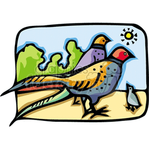 Colorful image of two adult pheasants and chick