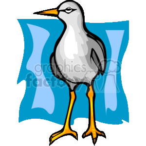 The clipart image shows a stylized image of a bird, more specifically a seagull. The seagull has gray and white plumage, a yellow beak with a hint of orange, and yellow legs with webbed feet. The background is a simple blue shape that suggests an association with the sea or sky, environments typical for seagulls. There are no other animals or elements in the image besides the seagull.