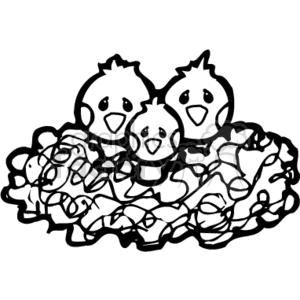 The clipart image depicts three baby chicks resting in a nest. These chicks are stylized with simple, cute features, such as large eyes and fluffy bodies. The nest appears to be made of twigs and straw, which is typical for bird nests. The overall theme suggests a springtime setting, where baby birds are often found in their nests after hatching. These elements tie into the country-style depiction of the scene and resonate with the keywords provided: country+style chick chicks baby babies nest yellow bird birds Animals Birds spring.