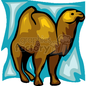 The clipart image shows a side view of a standing camel with its head slightly raised. The camel has two humps on its back, a long neck, and four legs with hooves. It appears to be looking out into the distance.
