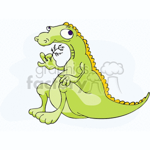 This clipart image features a cartoon-style, friendly-looking green dinosaur. It has a large head, big eyes, a row of orange spikes or plates along its back, and is sitting down with one hand raised as if it is waving or gesturing. The dinosaur appears to be anthropomorphized, with a human-like expression and posture.