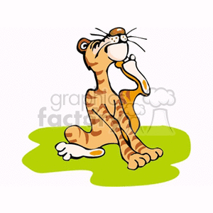 The clipart image features a cartoon representation of a tiger sitting on its hind legs on a patch of green, presumably grass. The tiger appears to be in a playful or thoughtful pose, licking its paw and has a slight smile. It has the typical orange and black striped pattern that is characteristic of tigers.