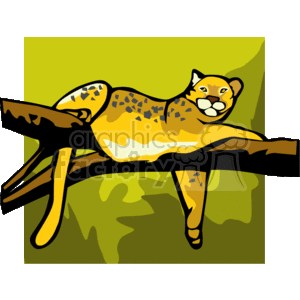 This clipart image depicts a stylized representation of a big cat, which resembles a leopard or jaguar, lounging lazily on a tree branch. The animal has distinctive spots and a relaxed posture, characterized by it laying across the branch with its paws hanging down on one side and looking towards the viewer. The background has a greenish-yellow color, giving the impression that this scene is set in a forested or jungle environment, which is a natural habitat for such felines.